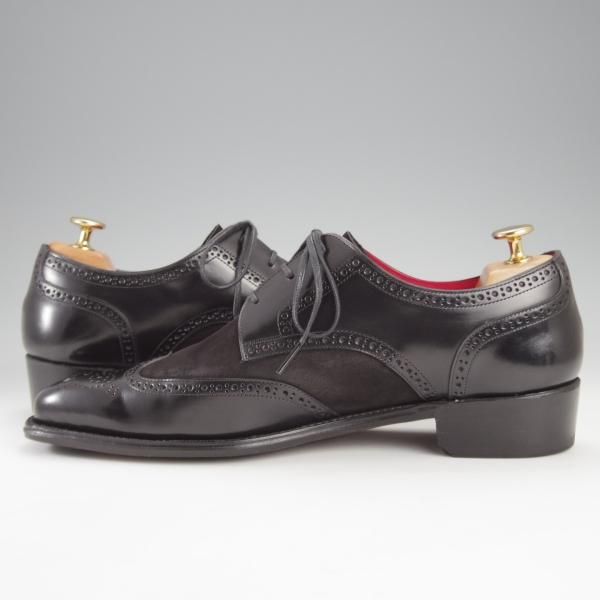 美品★宮城興業 UK7.5程度【パターンオーダー品★コンビ仕様/フルブローグ】ポリッシュレザー×ヌバック/黒/メンズ/MIYAGI KOGYO★k162