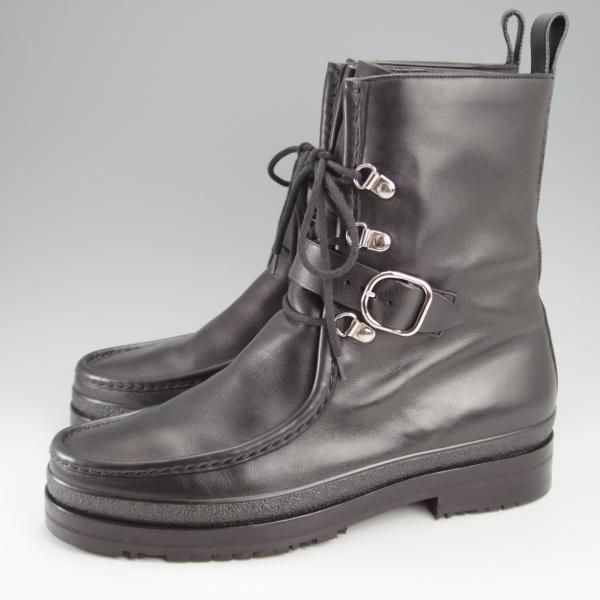 極美品★(伊製)HERMES/エルメス SIZE 40【貴重★チロリアンブーツ/ストラップ】カーフ/黒/メンズ★k370