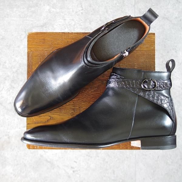 極上★(伊)サントーニ SIZE 7.5【定価￥195,800-★クロコダイル×カーフ/ジョッパーブーツ】サイドジップブーツ/15793/黒/Santoni★k453
