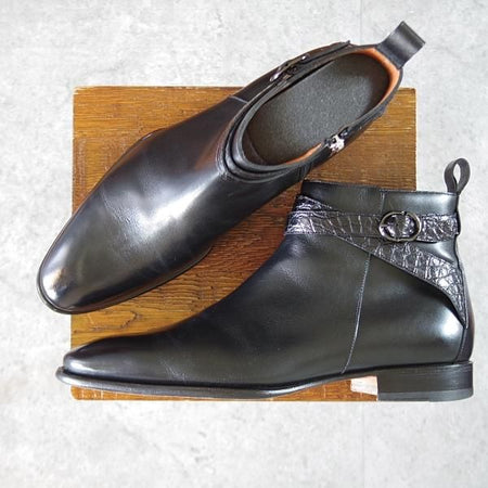 極上★(伊)サントーニ SIZE 7.5【定価￥195,800-★クロコダイル×カーフ/ジョッパーブーツ】サイドジップブーツ/15793/黒/Santoni★k453