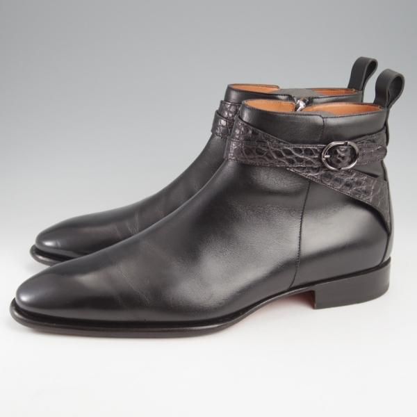 極上★(伊)サントーニ SIZE 7.5【定価￥195,800-★クロコダイル×カーフ/ジョッパーブーツ】サイドジップブーツ/15793/黒/Santoni★k453