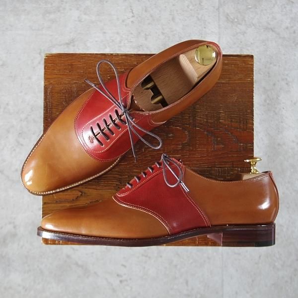 未使用★(HM)ギルド・オブ・クラフツ US7D【税込上代￥165,000-★Fudge/ハンドソーンウェルテッド製法】サドルシューズ/茶×赤茶★k477