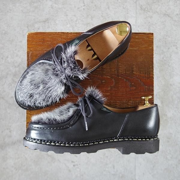 美品★パラブーツ SIZE 39【定価￥107,800-★VISON(ミンクファー)仕様/ミカエル/MICHAEL】チロリアンシューズ/黒/メンズ/Paraboot★k611