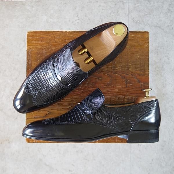 未使用★(伊)アルティオリ SIZE 8【高額★リザード革×カンガルー革/センターエラステック】ローファー/スリッポン/黒/メンズ/ARTIOLI★k652