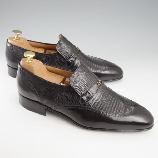 未使用★(伊)アルティオリ SIZE 8【高額★リザード革×カンガルー革/センターエラステック】ローファー/スリッポン/黒/メンズ/ARTIOLI★k652