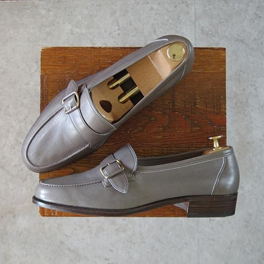 未使用★(伊)BONORA/ボノーラ SIZE 41.5【デッドストック品★ストラップローファー/灰】スリッポン/シボ革/メンズ★k653