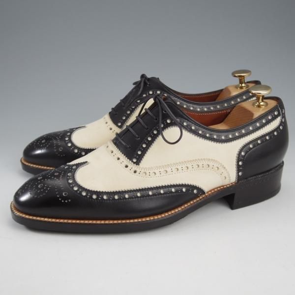★平和堂靴店 SIZE 25.5【小笠原シューズ製★ハンドソーンウェルテッド製法/スペクテイターシューズ】フルブローグ/黒×白/メンズ★k799