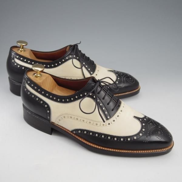 ★平和堂靴店 SIZE 25.5【小笠原シューズ製★ハンドソーンウェルテッド製法/スペクテイターシューズ】フルブローグ/黒×白/メンズ★k799