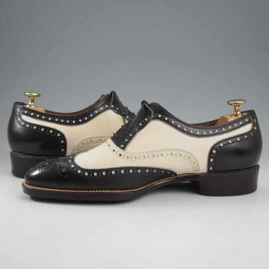 ★平和堂靴店 SIZE 25.5【小笠原シューズ製★ハンドソーンウェルテッド製法/スペクテイターシューズ】フルブローグ/黒×白/メンズ★k799