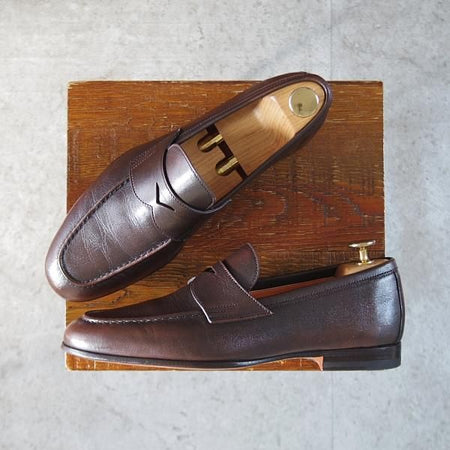 極美品★(伊)サントーニ SIZE 5.5【★コインローファー/13903】カーフ/濃茶/メンズ/Santoni★k852