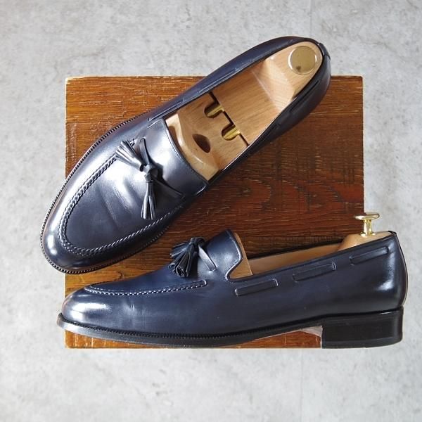極美品★(伊)タニノクリスチー SIZE 9【定価10万円以上★タッセルローファー/紺】スリッポン/カーフ/メンズ/TANINO CRISCI★k891