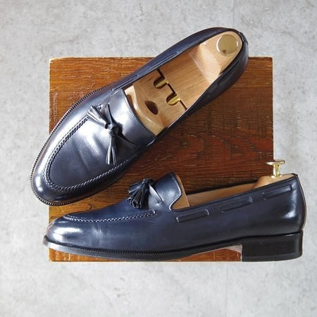 極美品★(伊)タニノクリスチー SIZE 9【定価10万円以上★タッセルローファー/紺】スリッポン/カーフ/メンズ/TANINO CRISCI★k891