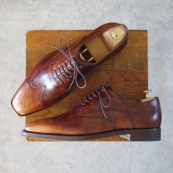 未使用★(伊)サントーニ SIZE 5【茶〜濃茶系パティーヌ★オックスフォードシューズ/6888】カーフ/メンズ/Santoni★l055