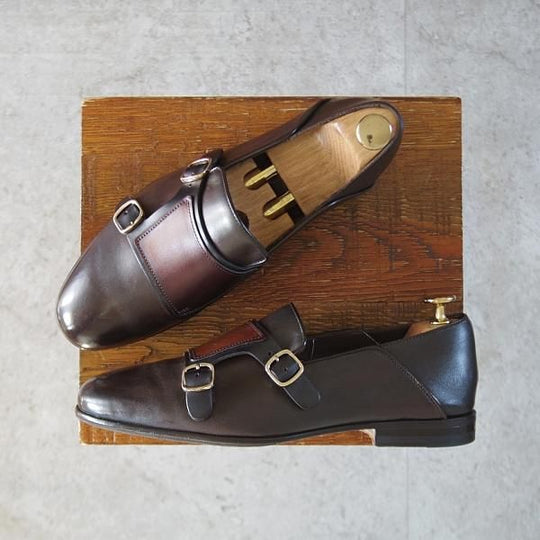 極美品★(伊)サントーニ SIZE 6【貴重★2WAYデザイン/ダブルバックル/ローファー×ミュール】CARLOSラスト/茶×濃茶/Santoni★l067