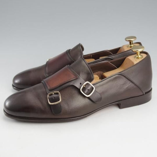 極美品★(伊)サントーニ SIZE 6【貴重★2WAYデザイン/ダブルバックル/ローファー×ミュール】CARLOSラスト/茶×濃茶/Santoni★l067