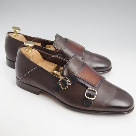 極美品★(伊)サントーニ SIZE 6【貴重★2WAYデザイン/ダブルバックル/ローファー×ミュール】CARLOSラスト/茶×濃茶/Santoni★l067