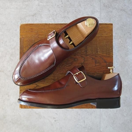 極美品★三陽山長 SIZE 6.5【定価￥110,000-★善八郎/スキンステッチ仕様/R2010ラスト】モンクストラップ/カーフ/茶/Sanyo Yamacho★l158