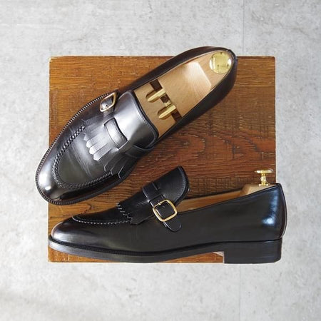 美品★(伊)タニノクリスチー SIZE 5【定価10万円以上★キルトモンク/BOLZO】ローファー/カーフ/黒/メンズ/TANINO CRISCI★l258