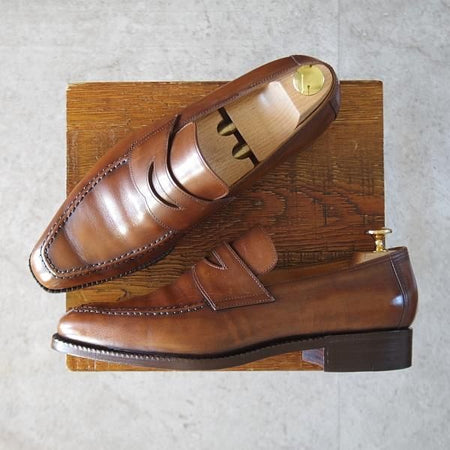 極上★徳島刑務所謹製 SIZE 25.5【ハンドソーンウェルテッド製法★コインローファー/茶】カーフ/メンズ★l304