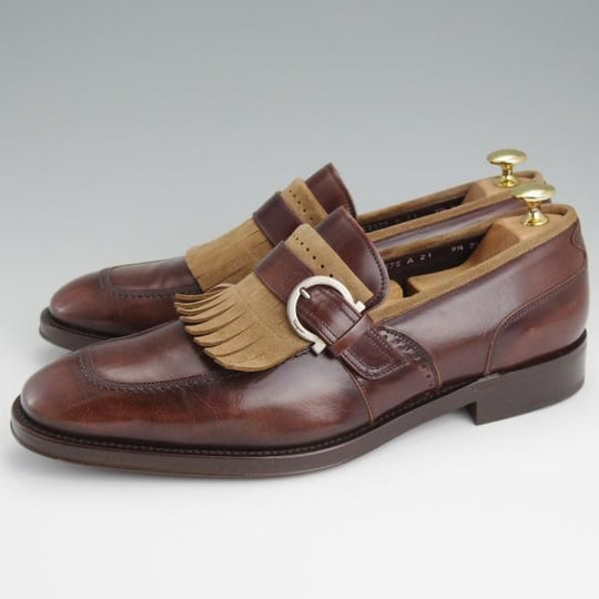 ★(伊)サルヴァトーレ・フェラガモ 9.5EE【★キルトモンク/ローファー】濃茶×薄茶/Salvatore Ferragamo★l369