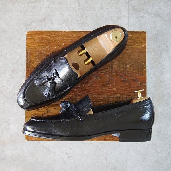 極美品★(伊)エンツォ・ボナフェ SIZE 6【定価10万円以上★タッセルローファー/シボ革】グレインレザー/黒/メンズ/Enzo Bonafe★l519