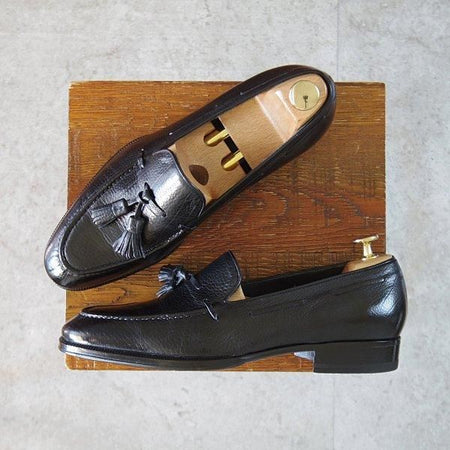 極美品★(伊)エンツォ・ボナフェ SIZE 6【定価10万円以上★タッセルローファー/シボ革】グレインレザー/黒/メンズ/Enzo Bonafe★l519