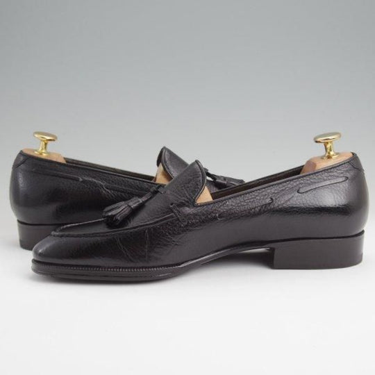 極美品★(伊)エンツォ・ボナフェ SIZE 6【定価10万円以上★タッセルローファー/シボ革】グレインレザー/黒/メンズ/Enzo Bonafe★l519
