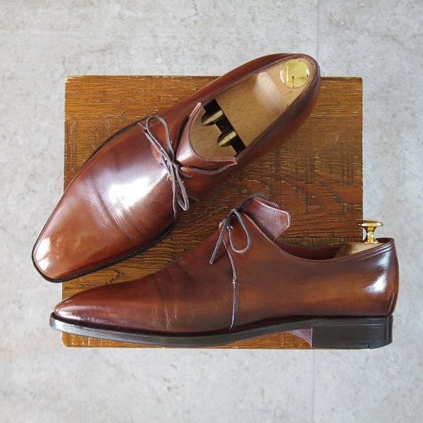 ★(仏)コルテ UK7.5程度【現行定価￥267,300-★純正シューツリー付き/Arca/アルカ】プレーントゥ/Vフロント/茶/メンズ/Corthay★l525