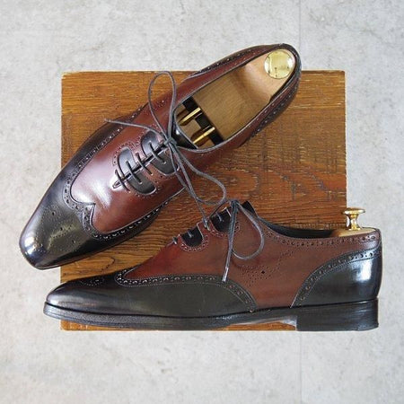 極上★(伊)アンジェロ・マネッティ SIZE 8.5【貴重★ギリーシューズ風デザイン/フルブローグ】黒×濃茶/カーフ/Angiolo Manetti★l546