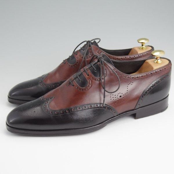 極上★(伊)アンジェロ・マネッティ SIZE 8.5【貴重★ギリーシューズ風デザイン/フルブローグ】黒×濃茶/カーフ/Angiolo Manetti★l546