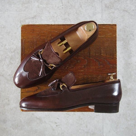 ★(伊)タニノクリスチー SIZE 5.5【定価10万円以上★コンビ仕様/タッセルローファー】カーフ×スエード/濃茶/メンズ/TANINO CRISCI★l622