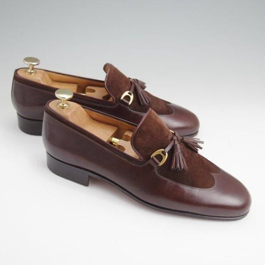 ★(伊)タニノクリスチー SIZE 5.5【定価10万円以上★コンビ仕様/タッセルローファー】カーフ×スエード/濃茶/メンズ/TANINO CRISCI★l622