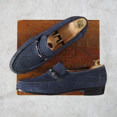 極上★(伊)ボノーラ SIZE 41.5【貴重★シャークスキン(鮫革)仕様/ローファー/スリッポン】センターエラスティック/紺/BONORA★l657