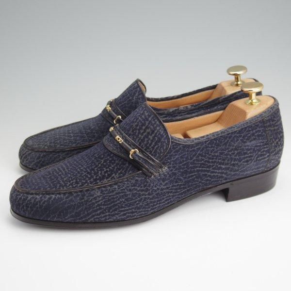 極上★(伊)ボノーラ SIZE 41.5【貴重★シャークスキン(鮫革)仕様/ローファー/スリッポン】センターエラスティック/紺/BONORA★l657