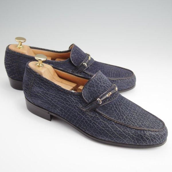 極上★(伊)ボノーラ SIZE 41.5【貴重★シャークスキン(鮫革)仕様/ローファー/スリッポン】センターエラスティック/紺/BONORA★l657