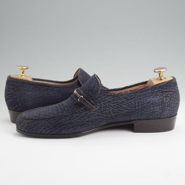 極上★(伊)ボノーラ SIZE 41.5【貴重★シャークスキン(鮫革)仕様/ローファー/スリッポン】センターエラスティック/紺/BONORA★l657