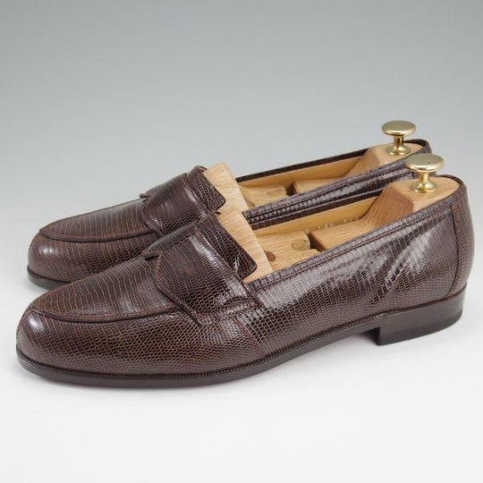 ほぼ試着程度★(伊)VERSACE/ヴェルサーチェ SIZE 41.5【貴重★リザード革/ローファー/Vチップ】濃茶/メンズ★l908