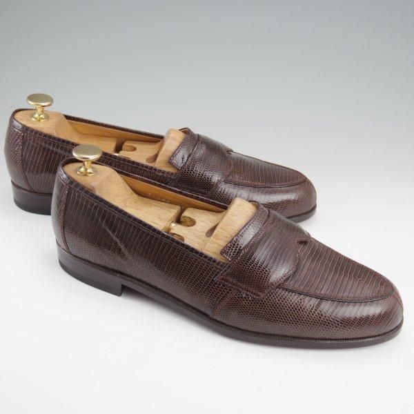 ほぼ試着程度★(伊)VERSACE/ヴェルサーチェ SIZE 41.5【貴重★リザード革/ローファー/Vチップ】濃茶/メンズ★l908