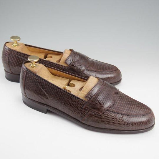ほぼ試着程度★(伊)VERSACE/ヴェルサーチェ SIZE 41.5【貴重★リザード革/ローファー/Vチップ】濃茶/メンズ★l908