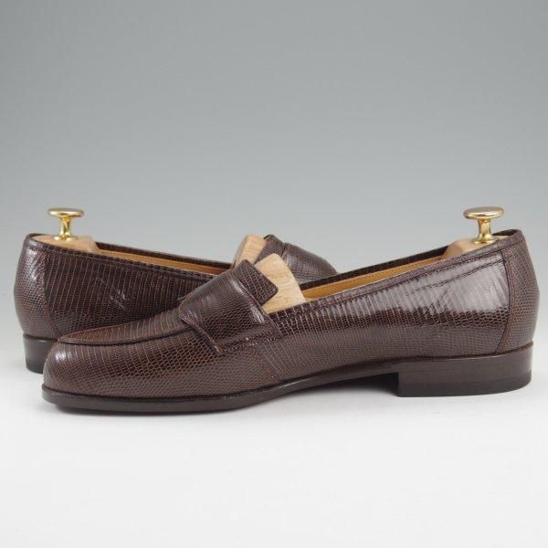 ほぼ試着程度★(伊)VERSACE/ヴェルサーチェ SIZE 41.5【貴重★リザード革/ローファー/Vチップ】濃茶/メンズ★l908