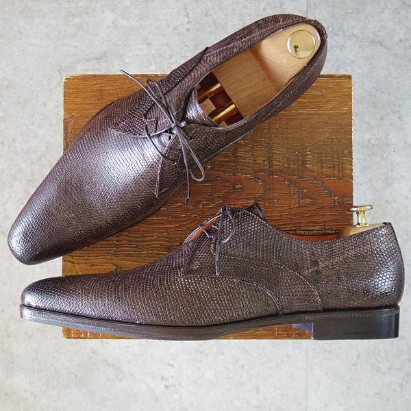 未使用★(伊)サントーニ SIZE 9.5【貴重★リザード仕様/Vフロント/濃茶】プレーントゥ/メンズ/Santoni★m261
