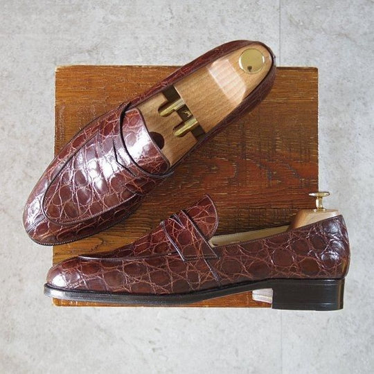 極美品★(伊)タニノクリスチー SIZE 8【高額★クロコダイル仕様/コインローファー】スリッポン/濃茶/メンズ/TANINO CRISCI★m318