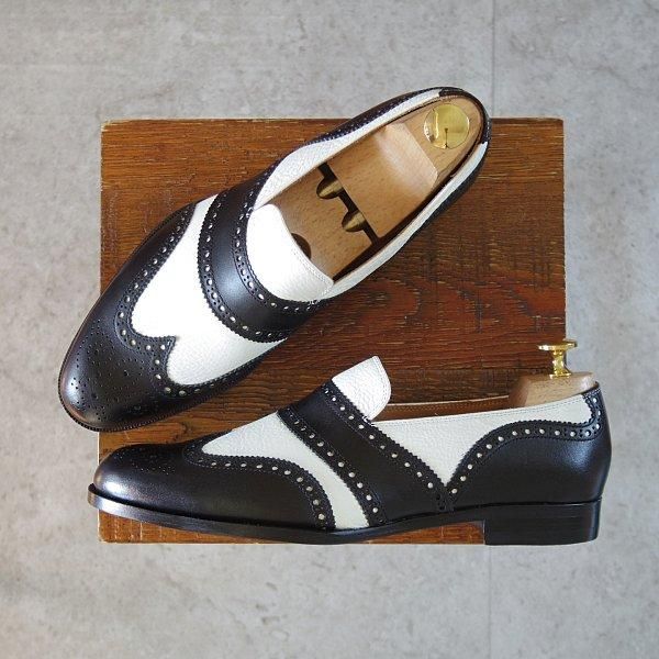 未使用★Iugen/イウゲン SIZE 6.5【定価￥44,000-★ローファー/IG202】スリッポン/カーフ×グレインレザー/黒×白/メンズ★m530