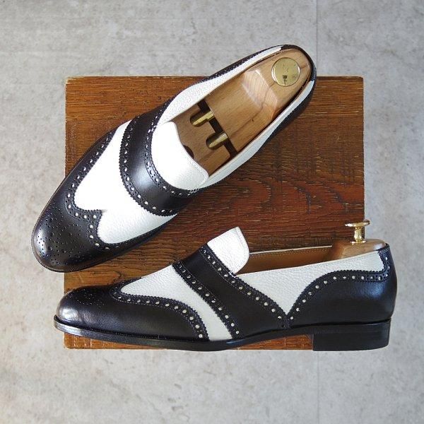 未使用★Iugen/イウゲン SIZE 7【定価￥44,000-★ローファー/IG202】スリッポン/カーフ×グレインレザー/黒×白/メンズ★m613