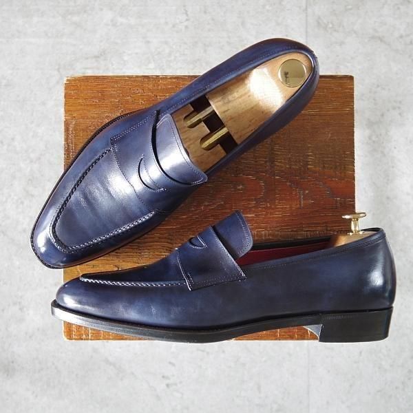 美品★(台東区)ジョーワークス SIZE 8【注文価格￥124,300-★ミュージアムカーフ仕様/コインローファー】紺/メンズ/JOE WORKS★m986