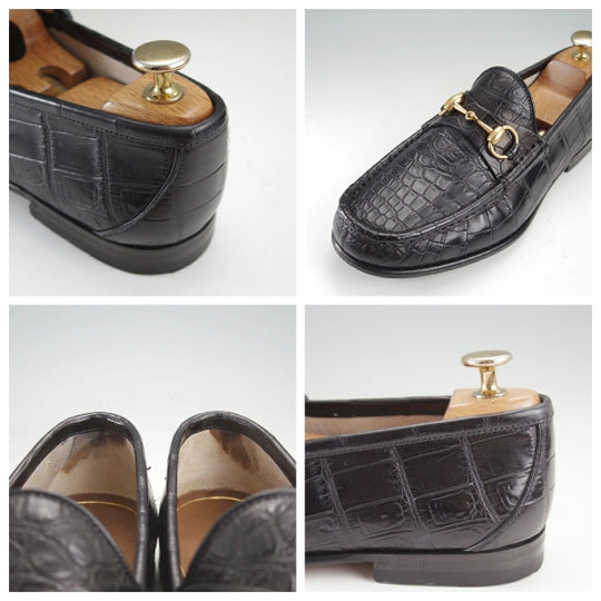 極上★(伊)GUCCI/グッチ SIZE 7【クロコダイル仕様★1953コレクション/ホースビットローファー】スリッポン/黒/メンズ★n638
