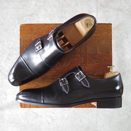 美品★(伊)サントーニ SIZE 6.5【レベルソ仕立て★ダブルモンク/11652】カーフ/黒/メンズ/Santoni★n620