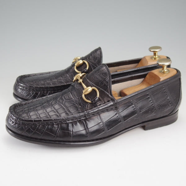 極上★(伊)GUCCI/グッチ SIZE 7【クロコダイル仕様★1953コレクション/ホースビットローファー】スリッポン/黒/メンズ★n638