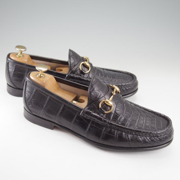 極上★(伊)GUCCI/グッチ SIZE 7【クロコダイル仕様★1953コレクション/ホースビットローファー】スリッポン/黒/メンズ★n638