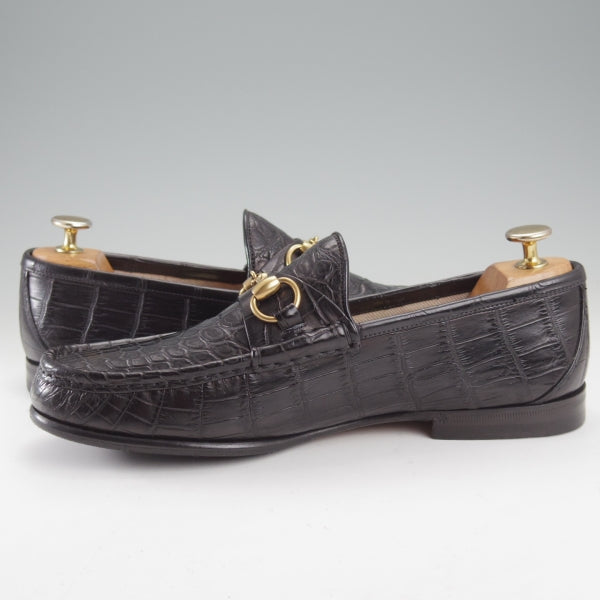 極上★(伊)GUCCI/グッチ SIZE 7【クロコダイル仕様★1953コレクション/ホースビットローファー】スリッポン/黒/メンズ★n638